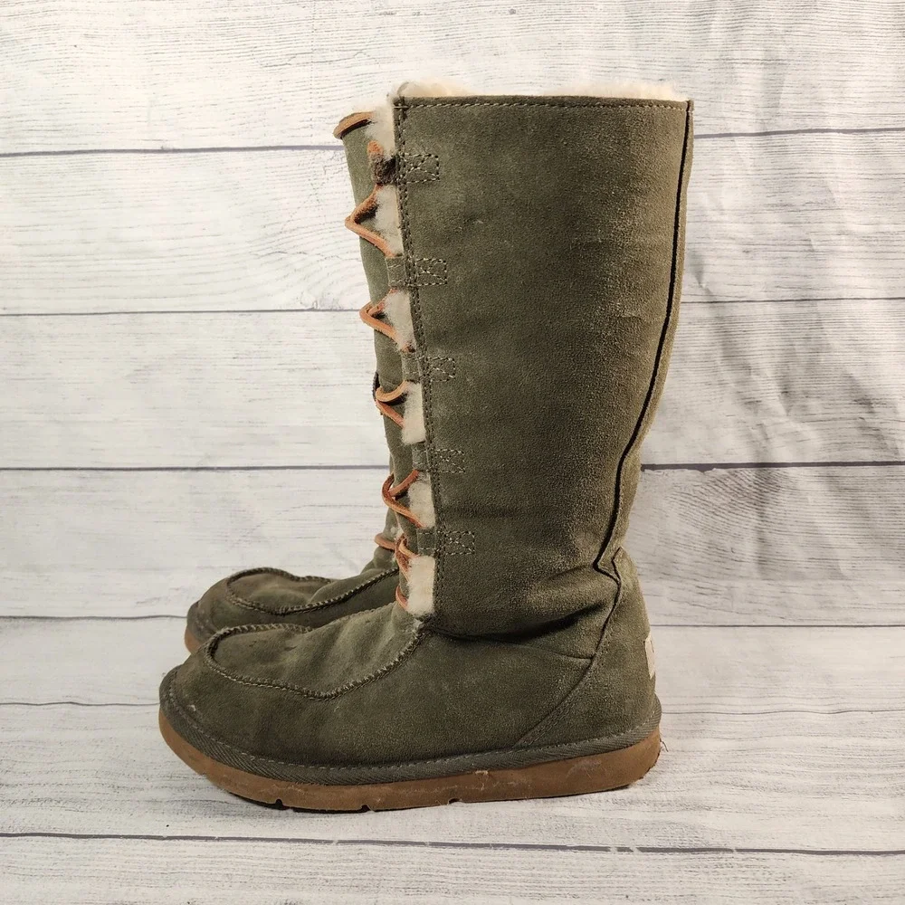 UGG Australia Whitley Womens 6 Tall Boots Olive Green Suede Shearling Trim